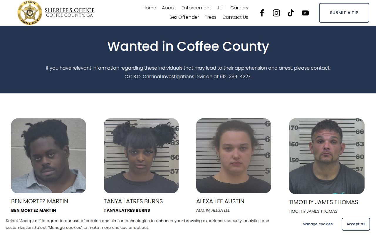Coffee County Sheriff's Office wanted list with official warrant cards