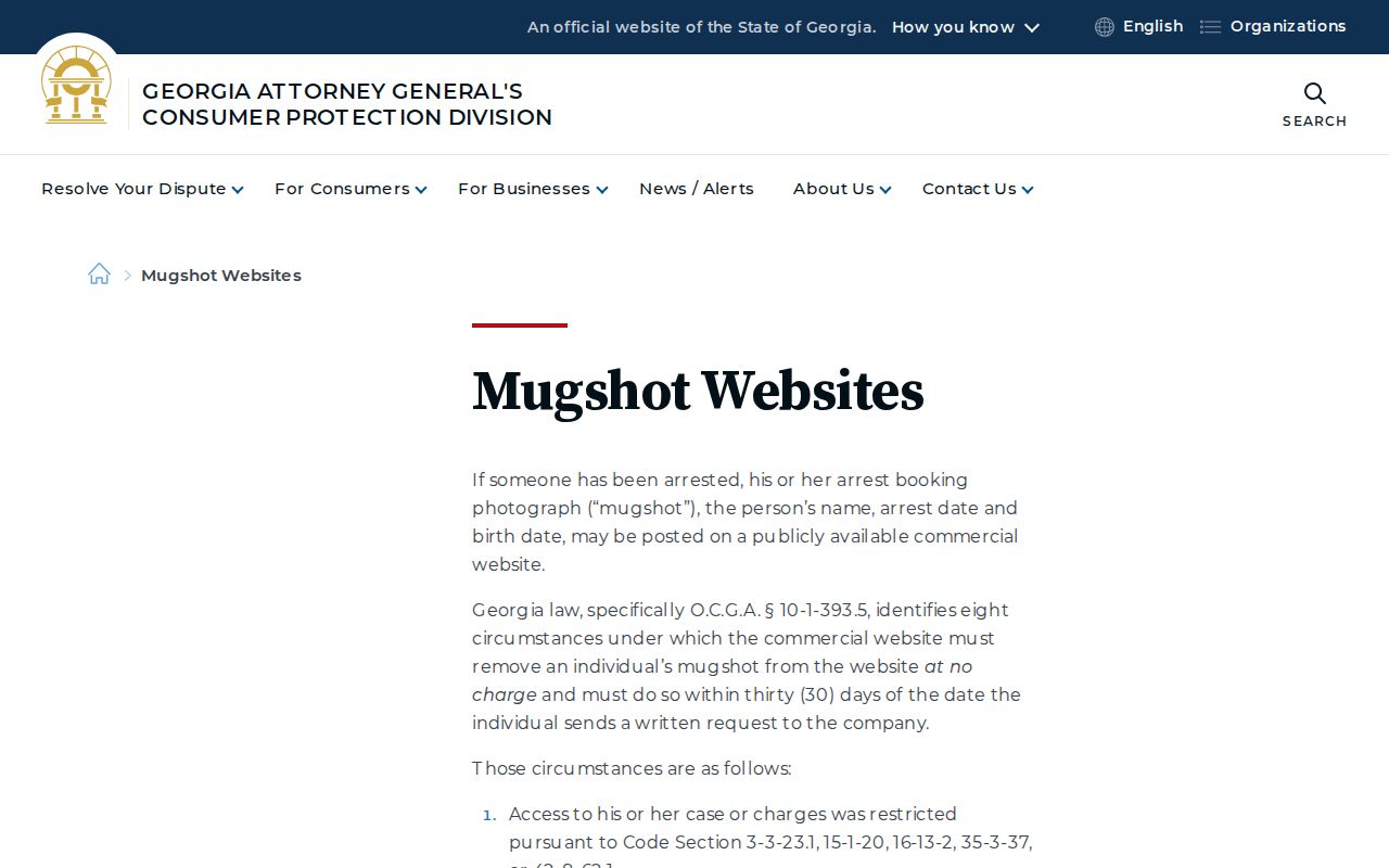 Georgia mugshot law and removal guidance for Coffee County booking records