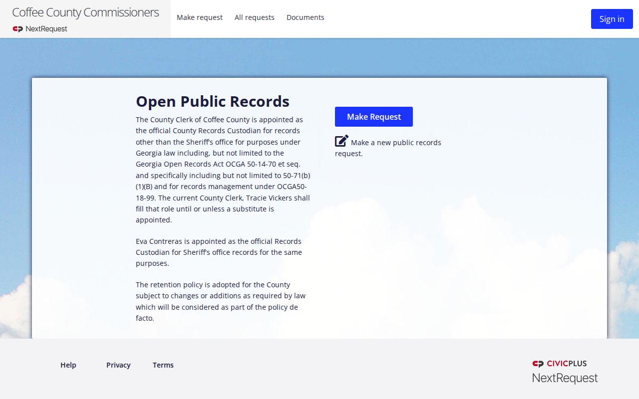 Coffee County Sheriff's Office open records request page for booking records